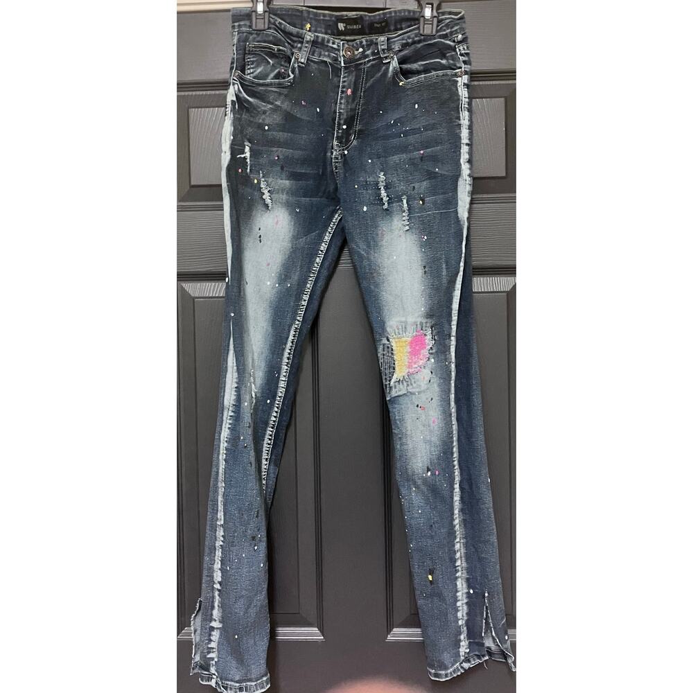Waimea Mens 32x32 Jeans Distressed Thrashed Dark Wash Skinny Fit Paint‎